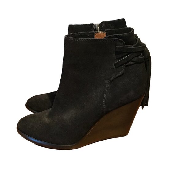 Nwt - FRYE - CeCe Tassel Lace Black Suede Stacked Wedge Heel Booties - Size 7.5M - Picture 3 of 13